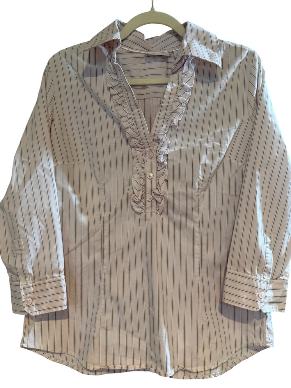 New York & Company Light Pink Pinstripe Ruffle-Front Button Down Shirt Size M
